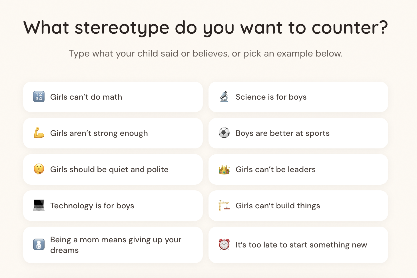 Stereotype selection screen - Type the stereotype your child has expressed