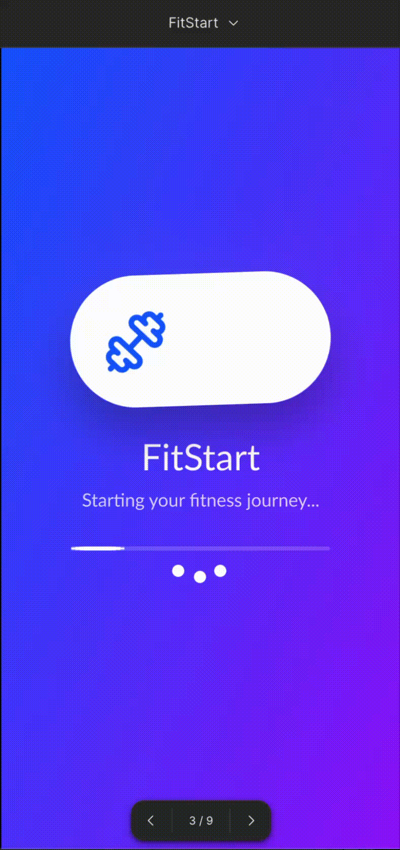 Animated FitStart splash screen with purple gradient logo reveal and fluid motion branding
