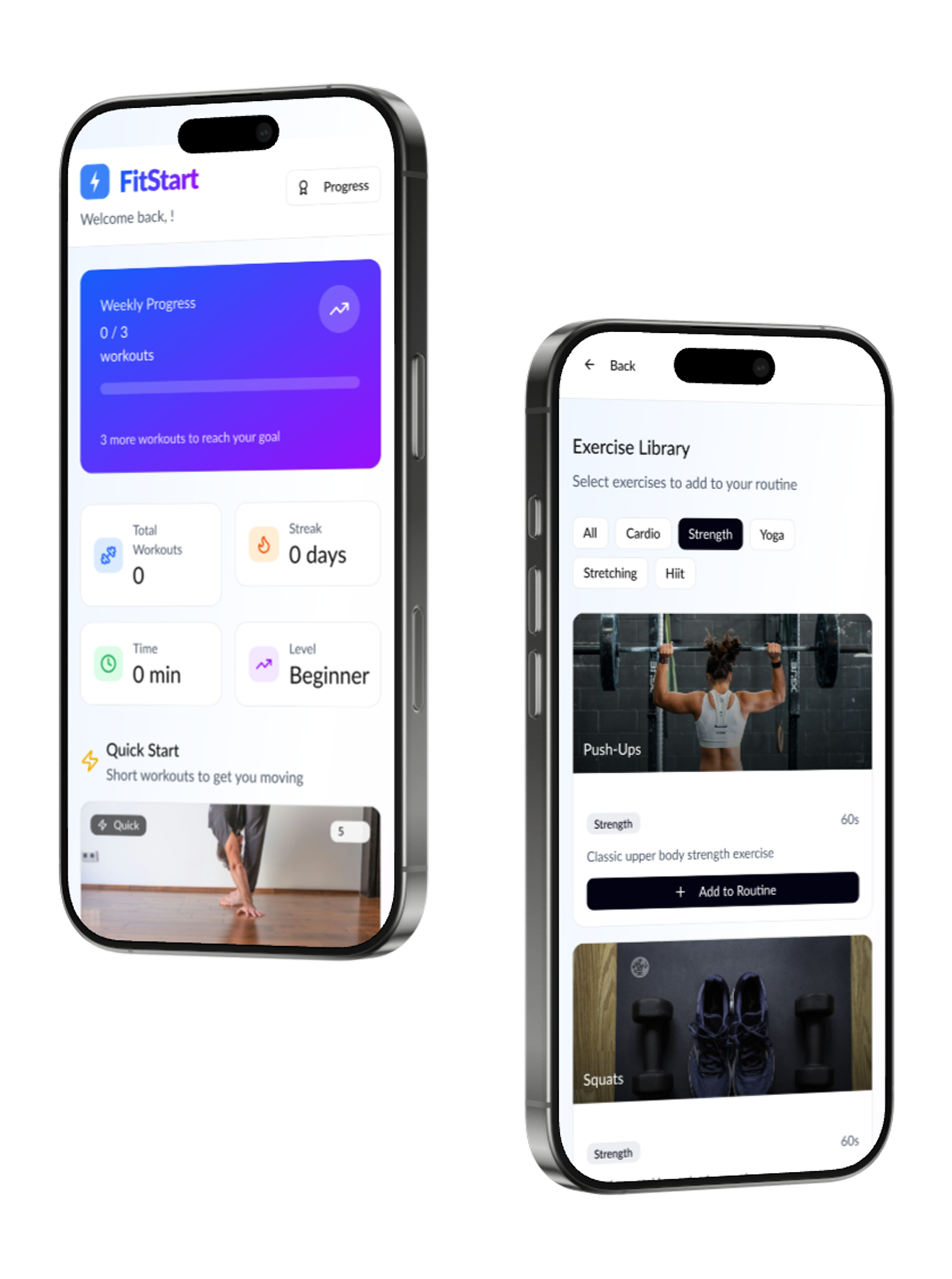 FitStart mobile app showing personalized workout dashboard with daily exercise goals and progress tracking
