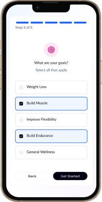 FitStart onboarding step 5: setting fitness goals like weight loss or muscle building