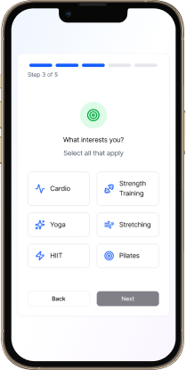 FitStart onboarding step 4: selecting workout interests like yoga, HIIT, and strength training