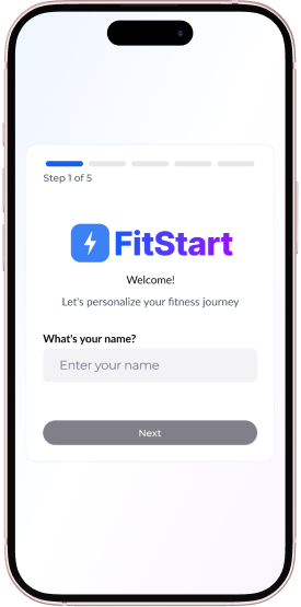 FitStart onboarding step 1: entering user name for personalized experience