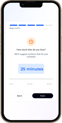 FitStart onboarding step 3: choosing daily workout time commitment