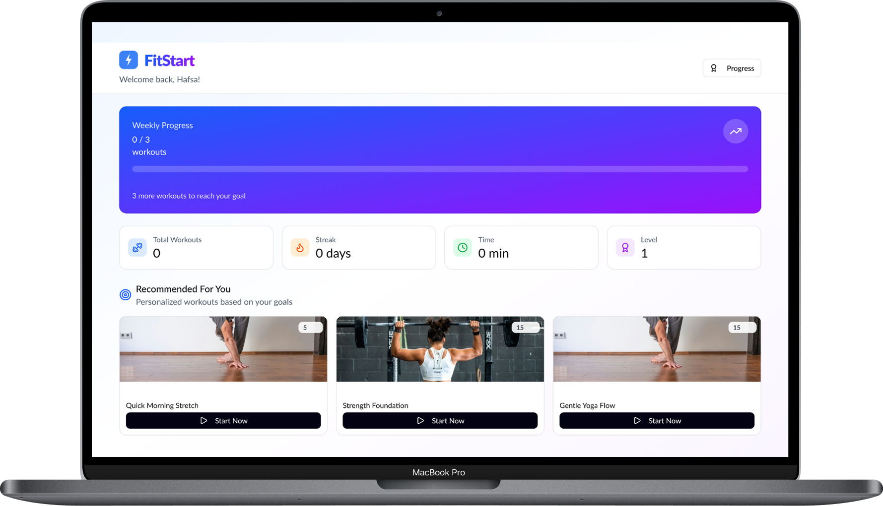 FitStart desktop responsive design with three-column dashboard and detailed analytics