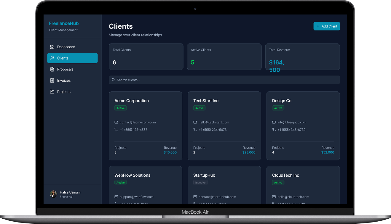 Folio Client Profile screen - Single source of truth for each client relationship: contact info, project history, total revenue, and complete communication timeline.