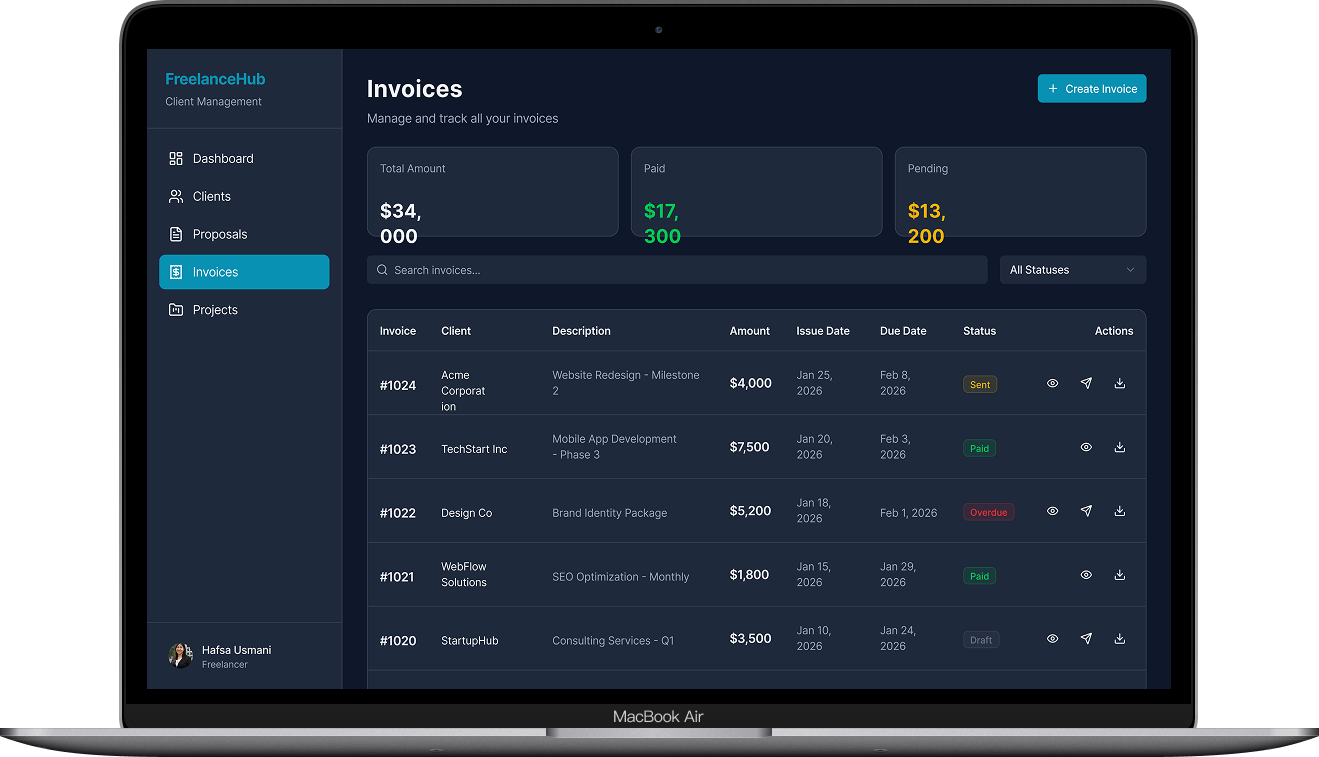 Folio Invoice Manager screen - Visual status tracking: draft, sent, viewed, paid, overdue. Automatic payment reminders. Stripe integration for instant payments.