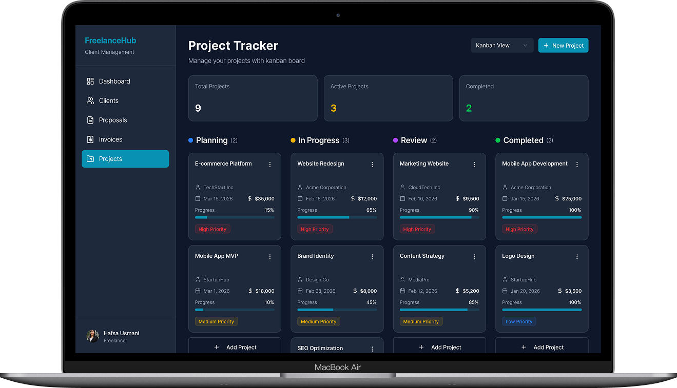 Folio Project Tracker screen - Milestone-based progress tracking with time logging. Clients can view progress without freelancer having to send updates.