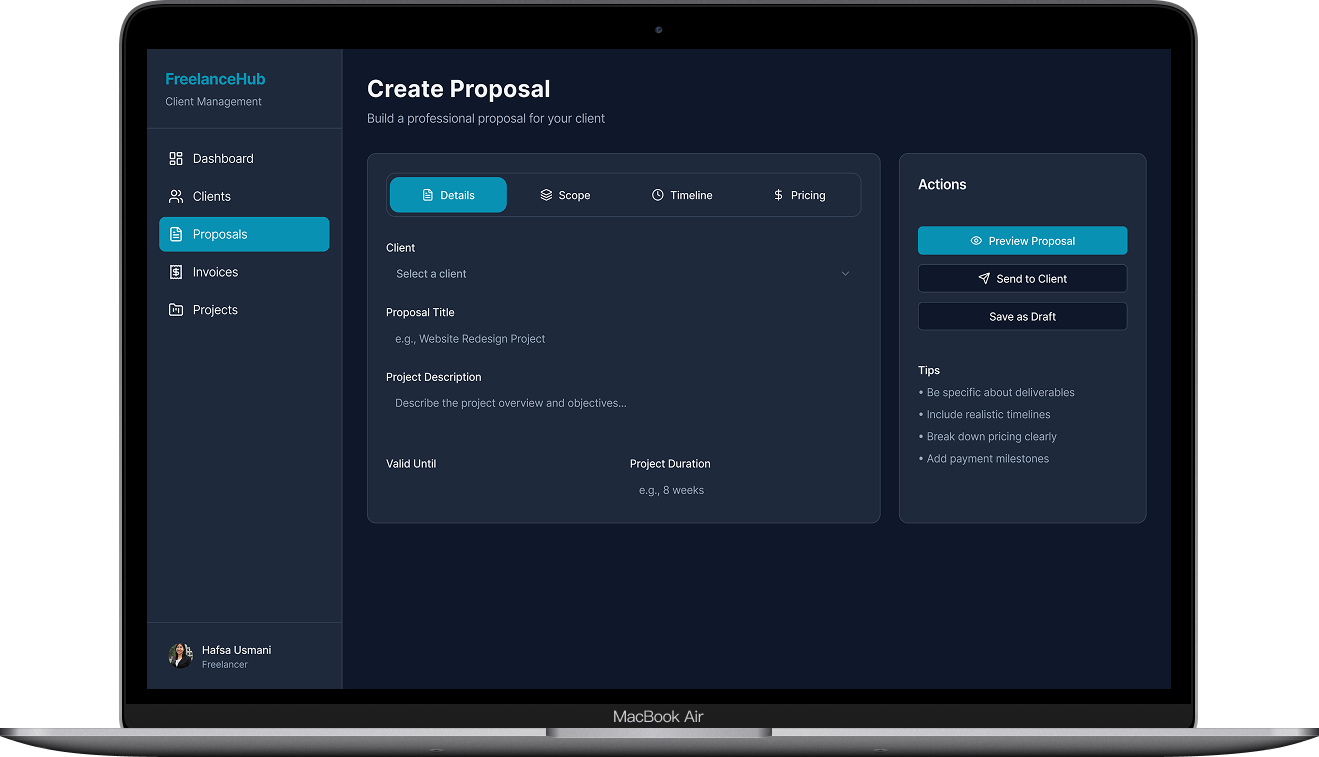 Folio Proposal Builder screen - Drag-and-drop blocks for scope, timeline, and pricing. Live preview shows exactly what clients will see. One click to send.