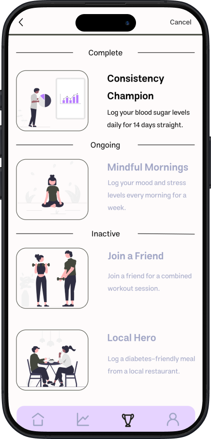 MedRec challenges screen with gamified health goals and achievement badges