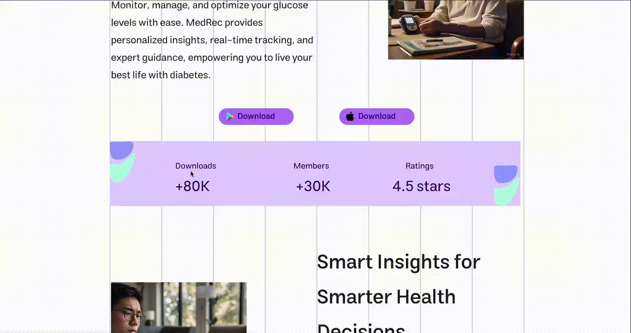 Animated walkthrough of MedRec web dashboard showing navigation through health metrics, blog, and user settings